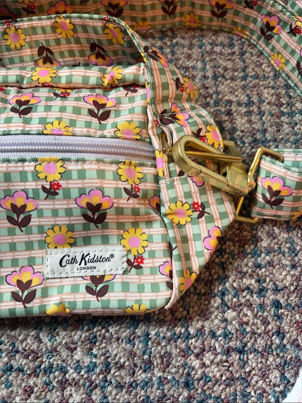 Cath Kidston Floral Print Crossbody Bag, Green Check Pattern, 23 x 13 x 8 - Picture 4 of 8